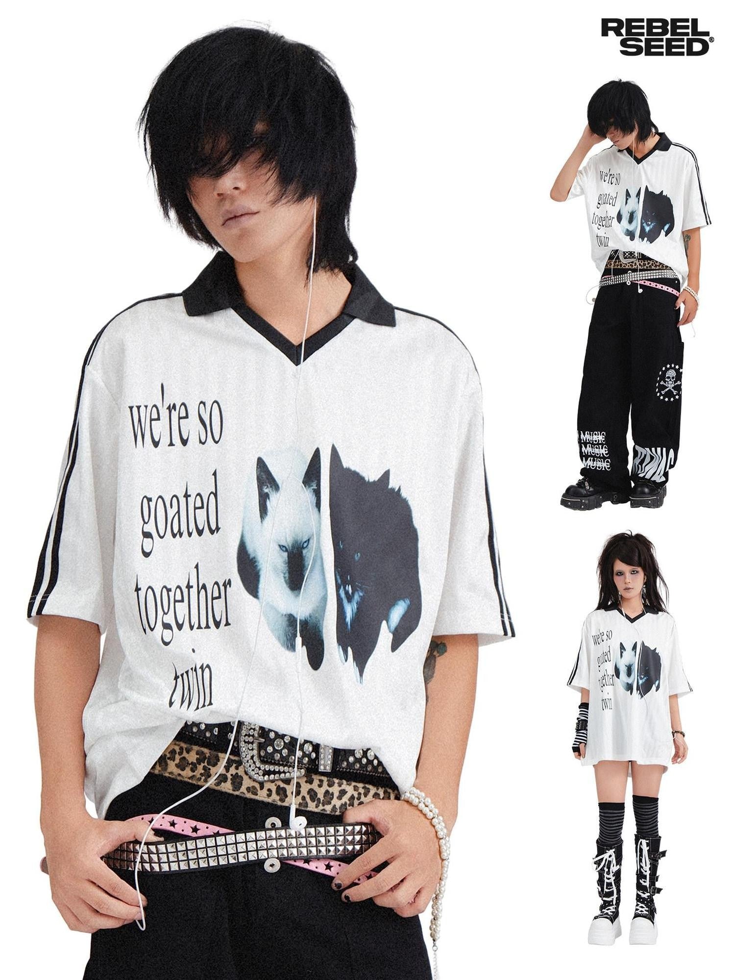 RebelSeed Printed Punk Henley Collar Rock Subculture Vintage Women's Short Sleeve T-shirts