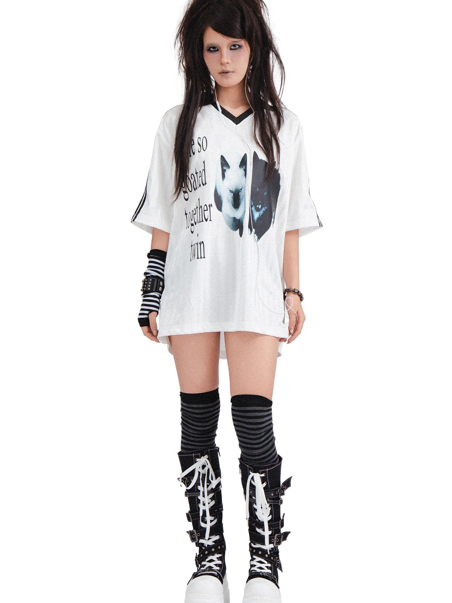 RebelSeed Printed Punk Henley Collar Rock Subculture Vintage Women's Short Sleeve T-shirts