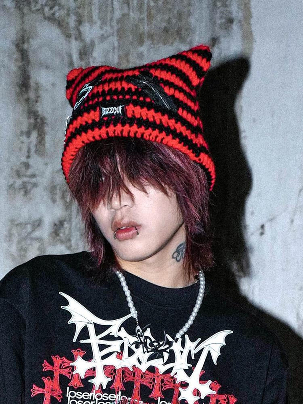 RebelSeed Punk Cat Applique Chain Pin Striped Women's Knitted Acrylic Beanies