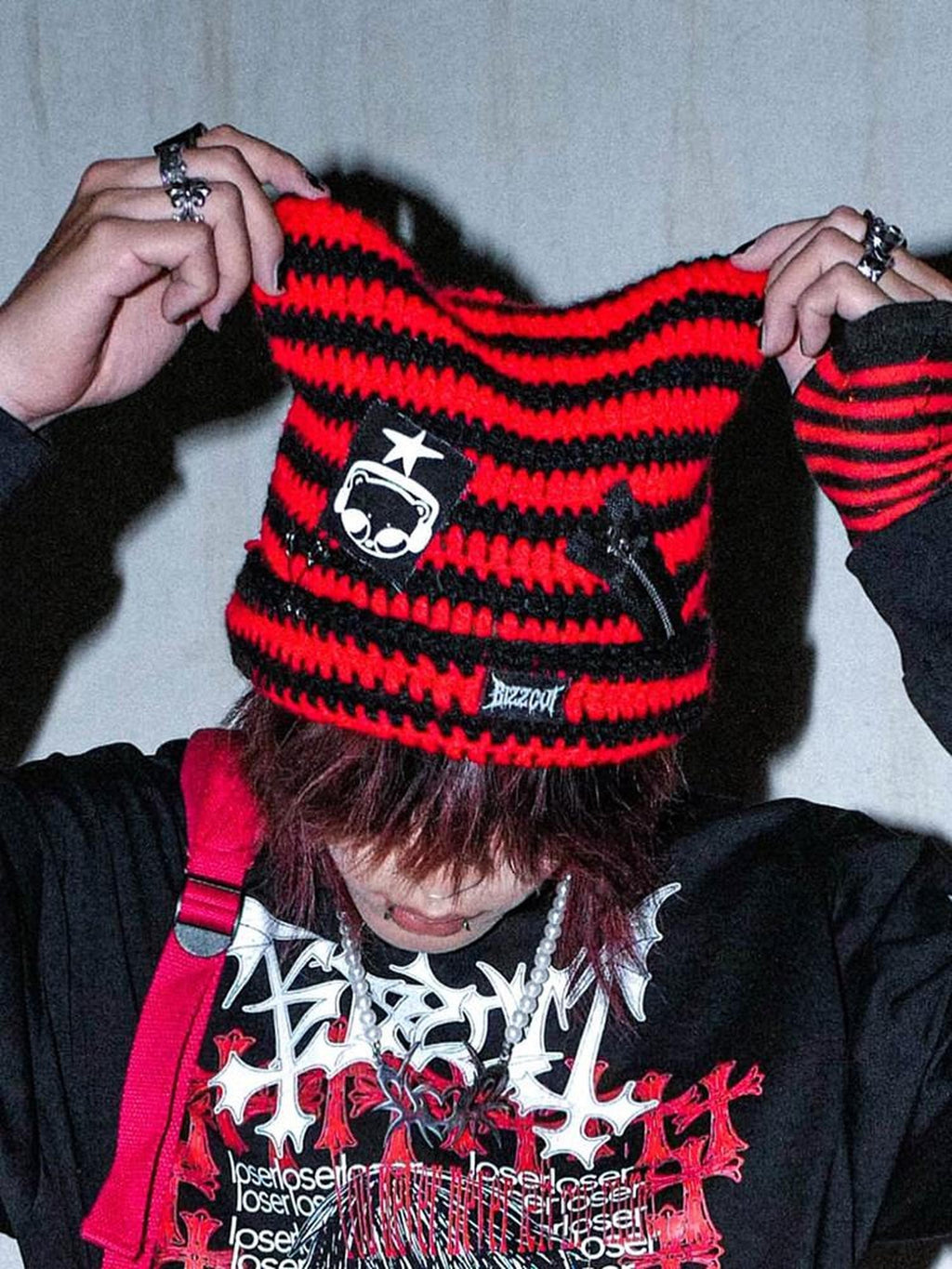 RebelSeed Punk Cat Applique Chain Pin Striped Women's Knitted Acrylic Beanies