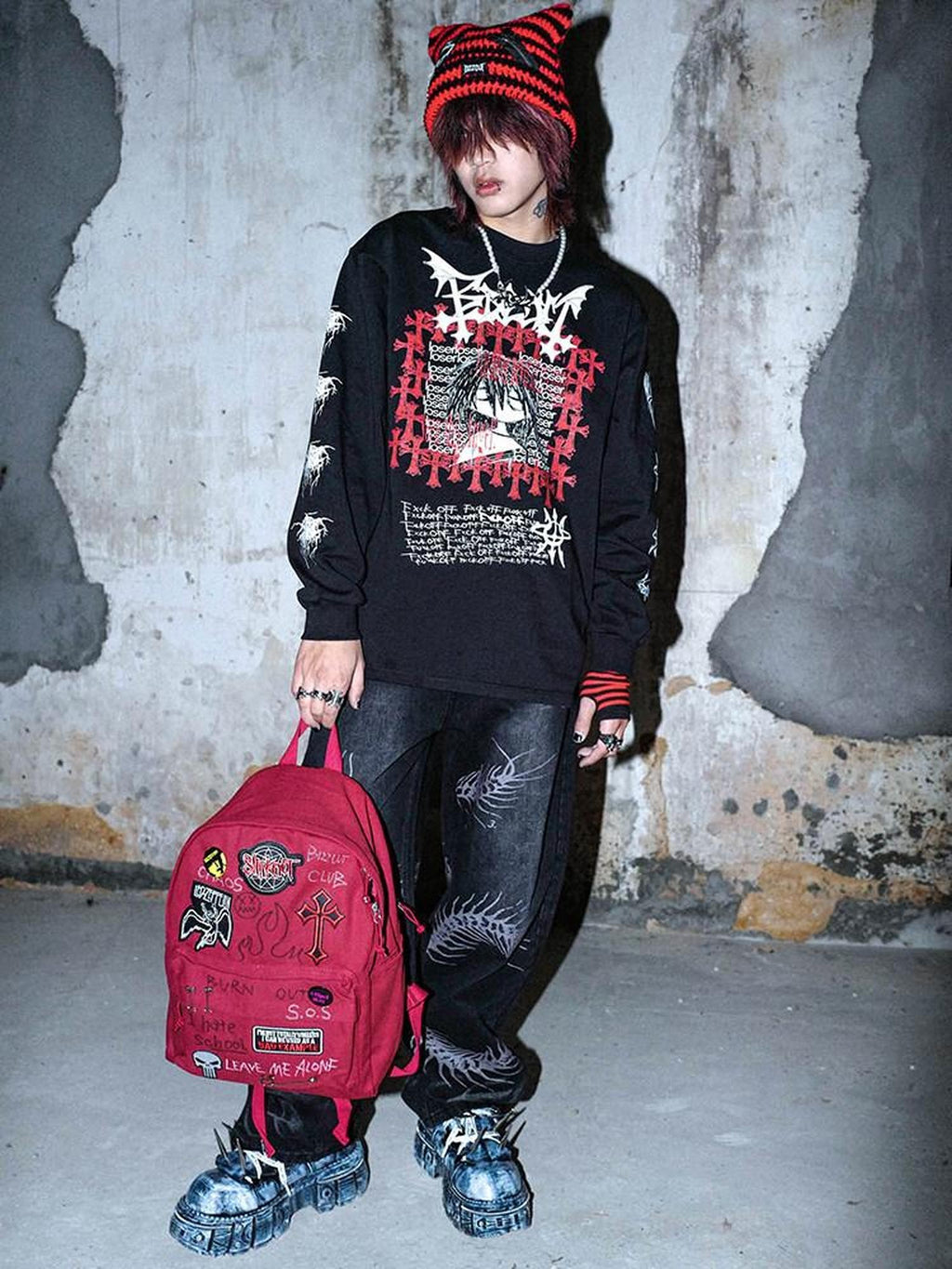 RebelSeed Punk Cat Applique Chain Pin Striped Women's Knitted Acrylic Beanies