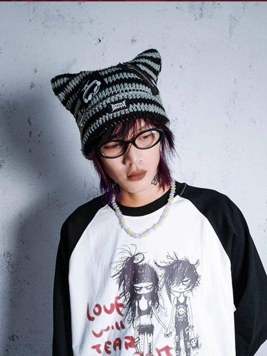 RebelSeed Punk Cat Applique Chain Pin Striped Women's Knitted Acrylic Beanies