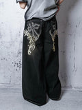 RebelSeed Punk Embroidered Topstitched Washed Distressed Women's Denim Wide-leg Jeans