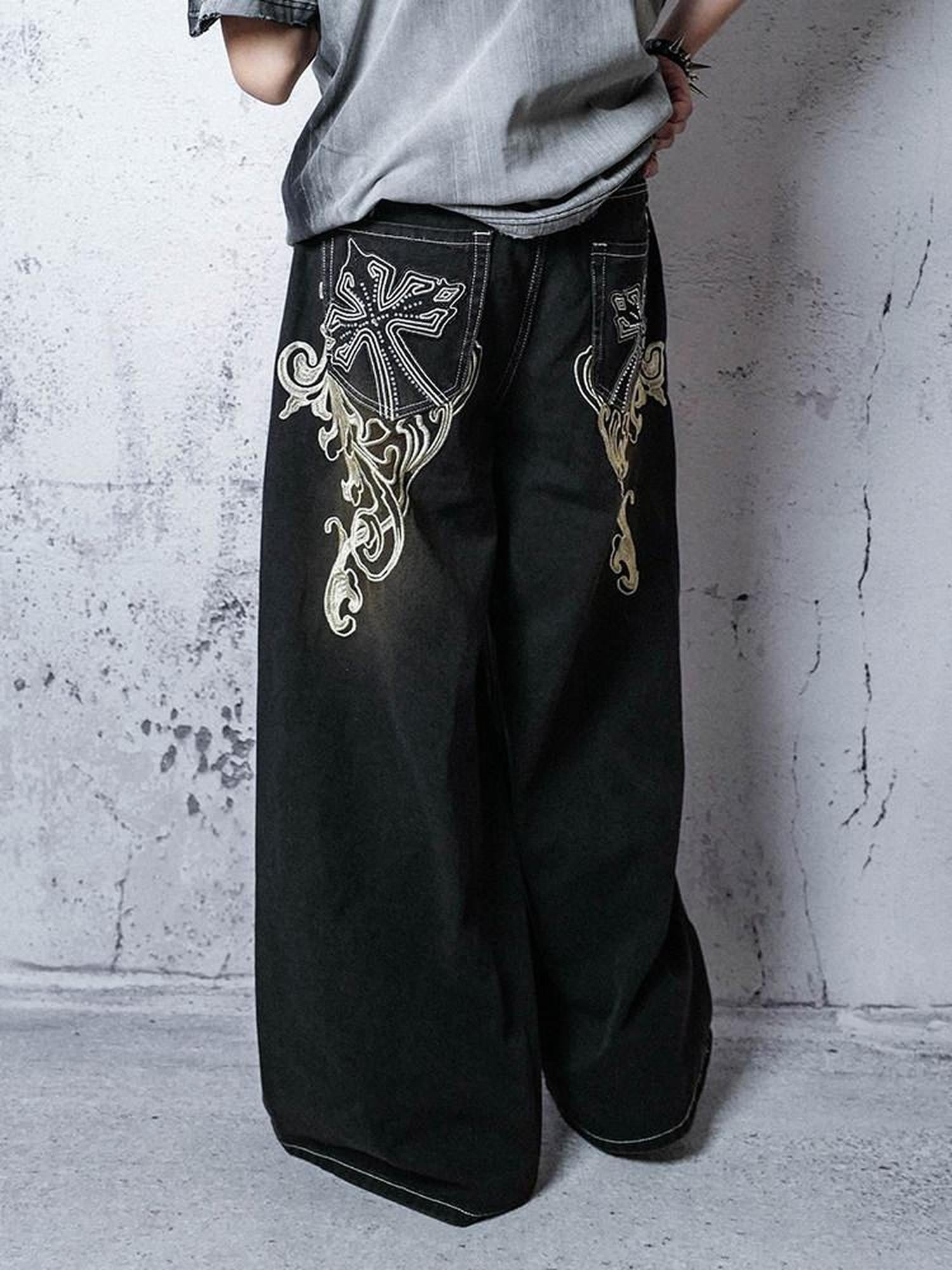 RebelSeed Punk Embroidered Topstitched Washed Distressed Women's Denim Wide-leg Jeans