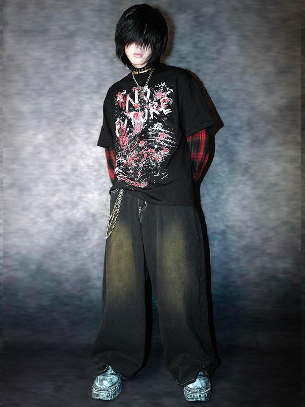 RebelSeed Punk Embroidered Topstitched Washed Distressed Women's Denim Wide-leg Jeans