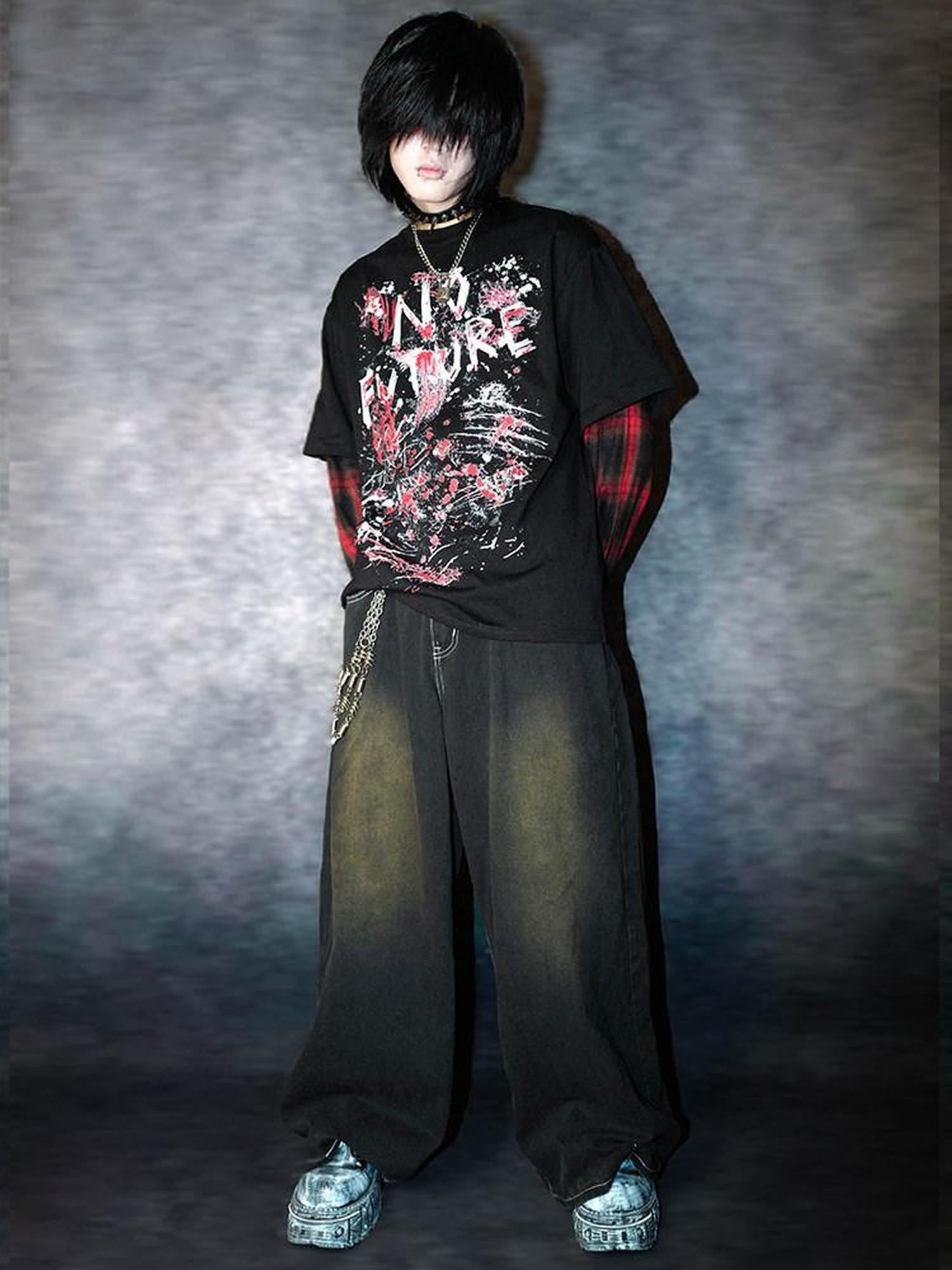 RebelSeed Punk Embroidered Topstitched Washed Distressed Women's Denim Wide-leg Jeans