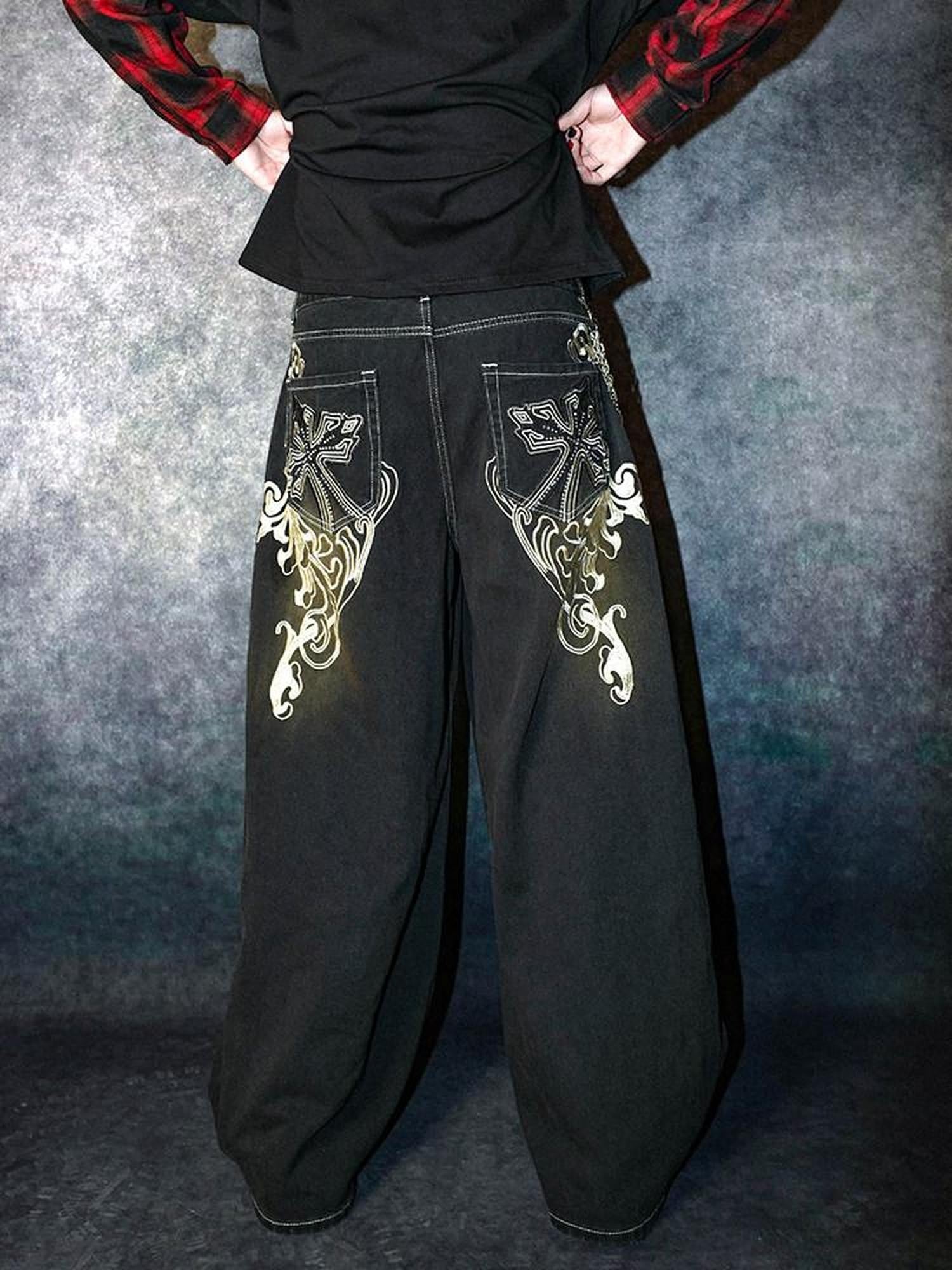 RebelSeed Punk Embroidered Topstitched Washed Distressed Women's Denim Wide-leg Jeans