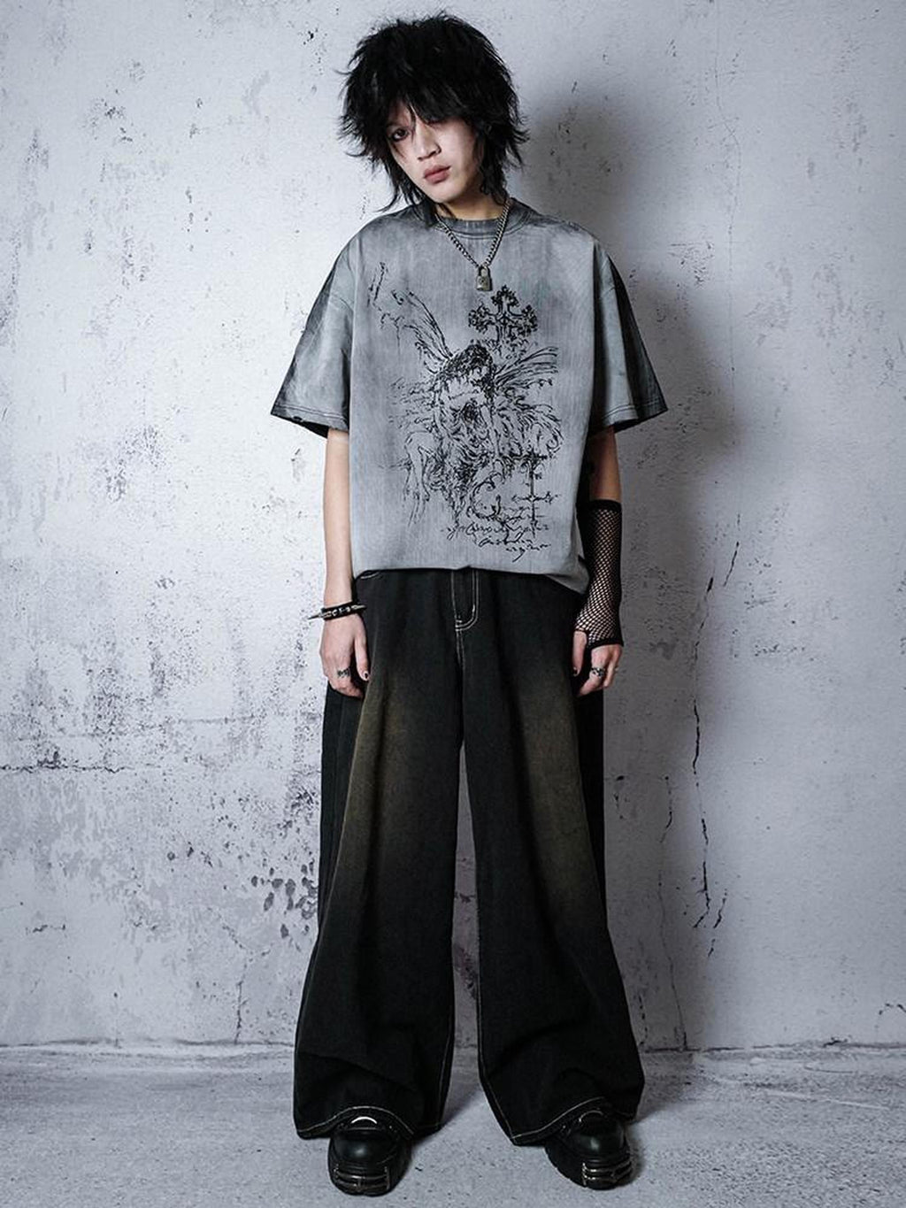 RebelSeed Punk Embroidered Topstitched Washed Distressed Women's Denim Wide-leg Jeans
