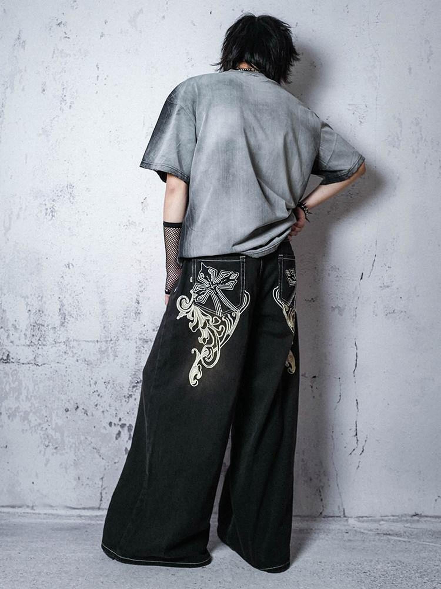 RebelSeed Punk Embroidered Topstitched Washed Distressed Women's Denim Wide-leg Jeans
