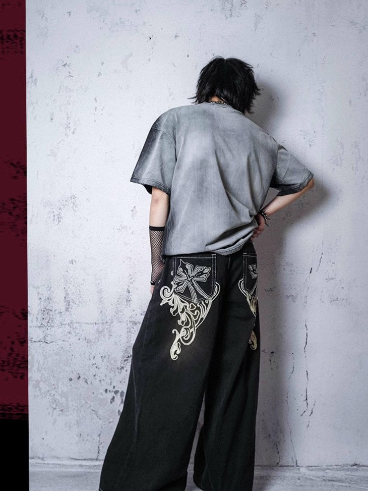 RebelSeed Punk Embroidered Topstitched Washed Distressed Women's Denim Wide-leg Jeans