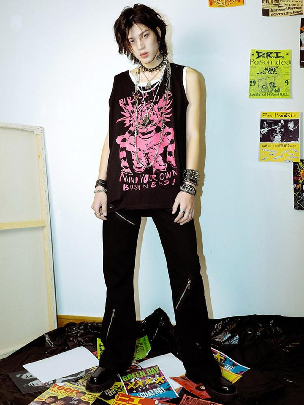 RebelSeed Punk Graffiti Distressed Heat Transfer Women's Cotton Tank Tops
