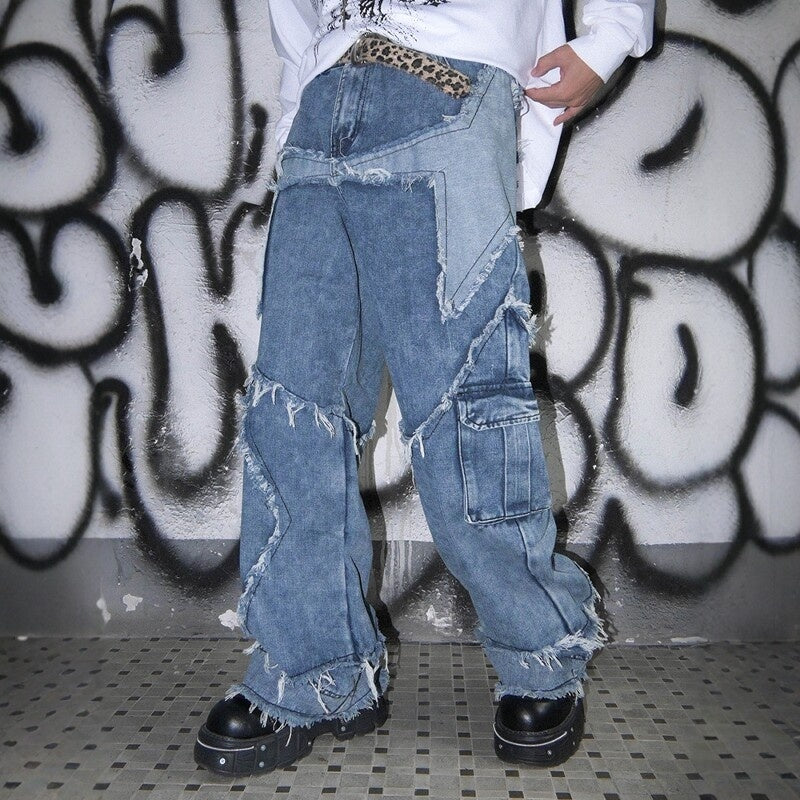 RebelSeed_Punk_Star_Patch_Snow_Wash_Distressed_Topstitch_Women's_Denim_Wide-leg_Jeans_968573867763_MISSTT