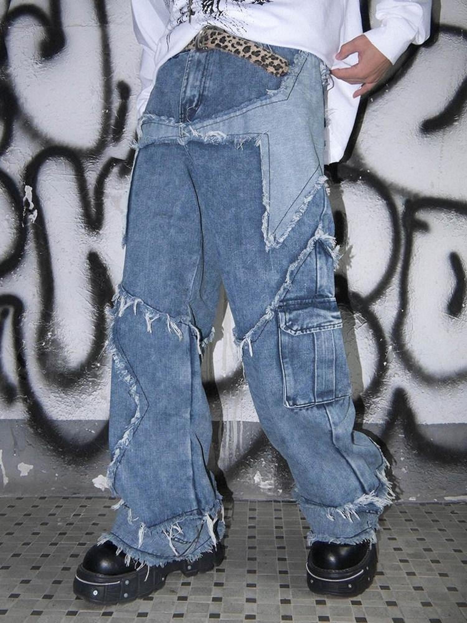 RebelSeed Punk Star Patchwork Snowwash Distressed Topstitch Women's Denim Wide-leg Jeans