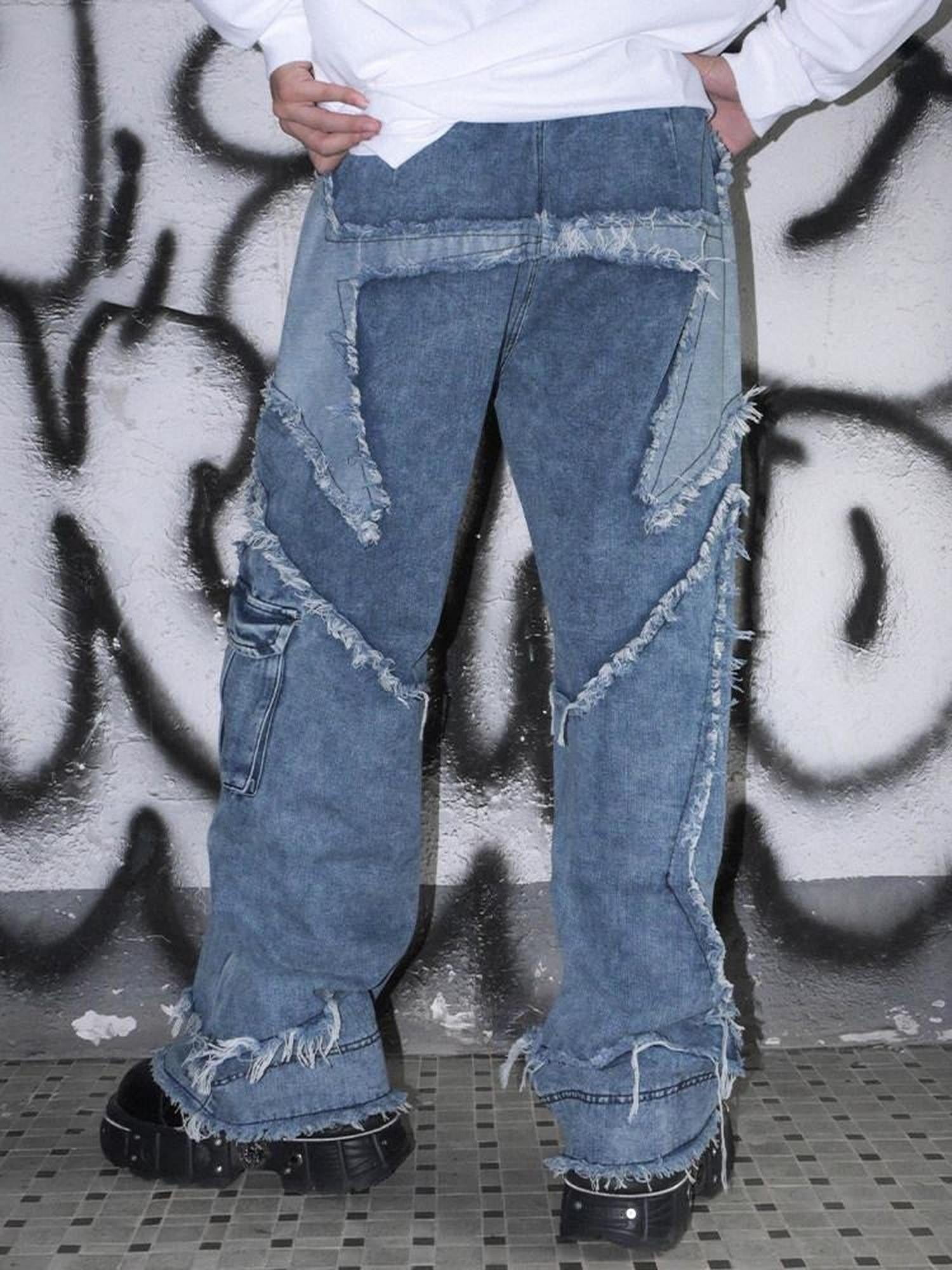 RebelSeed Punk Star Patchwork Snowwash Distressed Topstitch Women's Denim Wide-leg Jeans