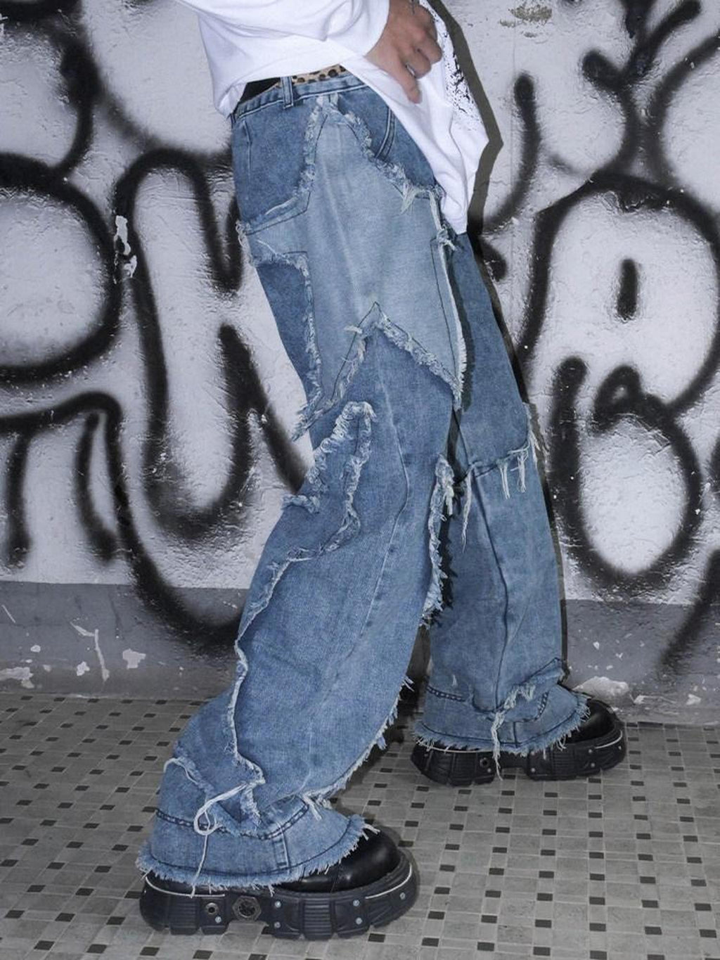 RebelSeed Punk Star Patchwork Snowwash Distressed Topstitch Women's Denim Wide-leg Jeans