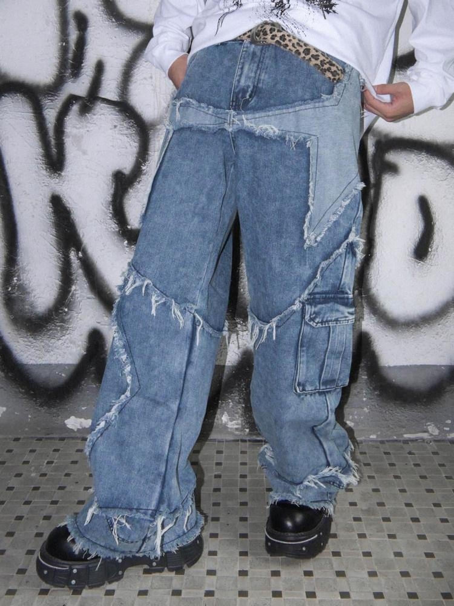 RebelSeed Punk Star Patchwork Snowwash Distressed Topstitch Women's Denim Wide-leg Jeans
