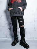 RebelSeed Punk Washed Ripped Topstitch Women's Denim Slim Tapered Distressed Jeans