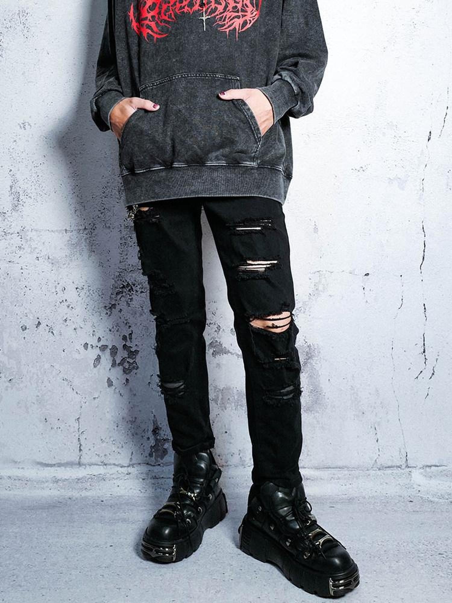 RebelSeed Punk Washed Ripped Topstitch Women's Denim Slim Tapered Distressed Jeans