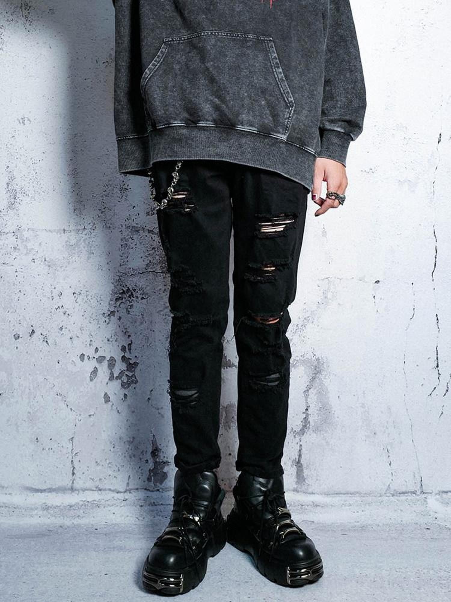 RebelSeed Punk Washed Ripped Topstitch Women's Denim Slim Tapered Distressed Jeans