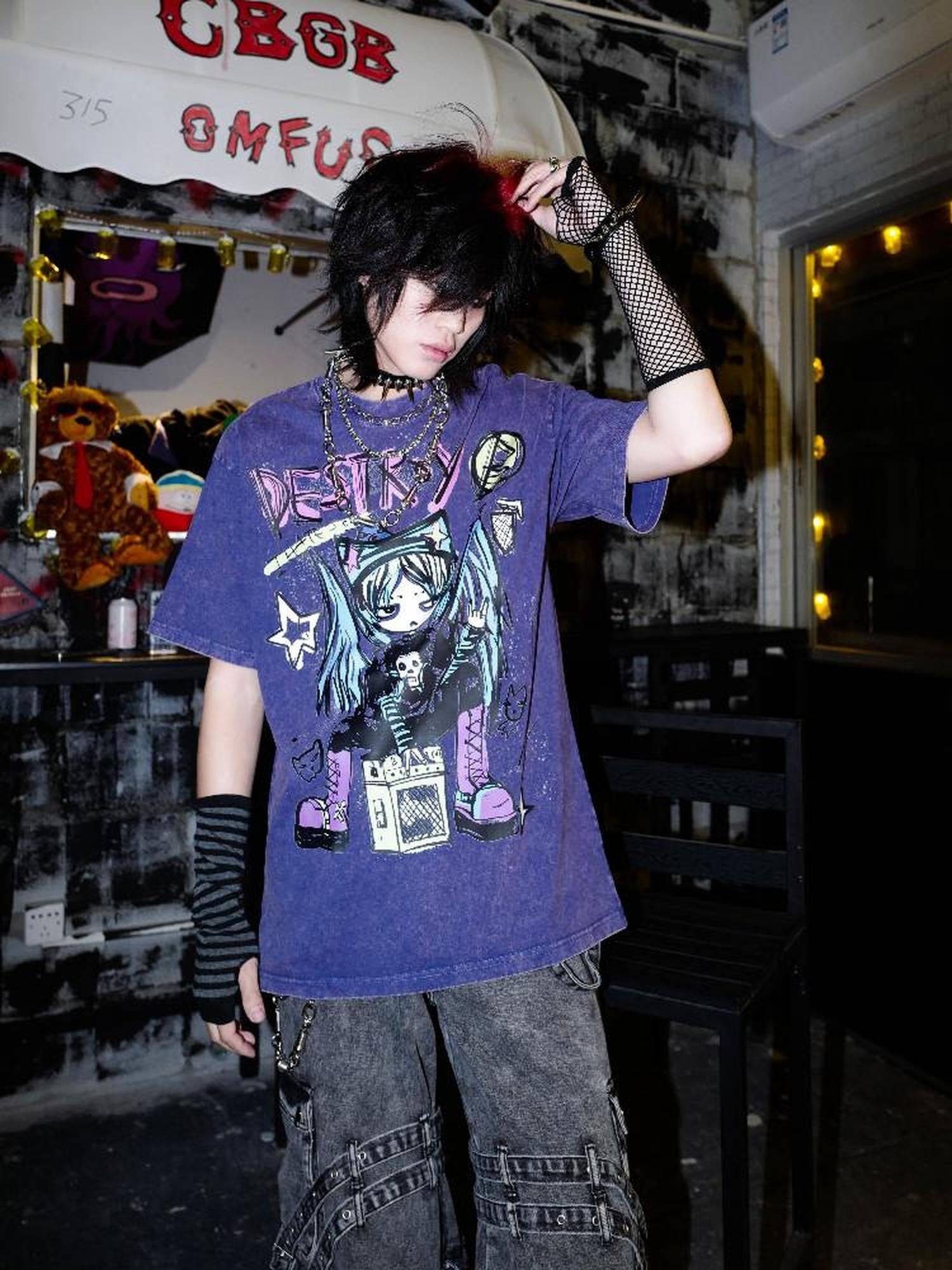 RebelSeed Rebel Angel Punk Distressed Oversized Drop Shoulder Women's Short Sleeve T-shirts