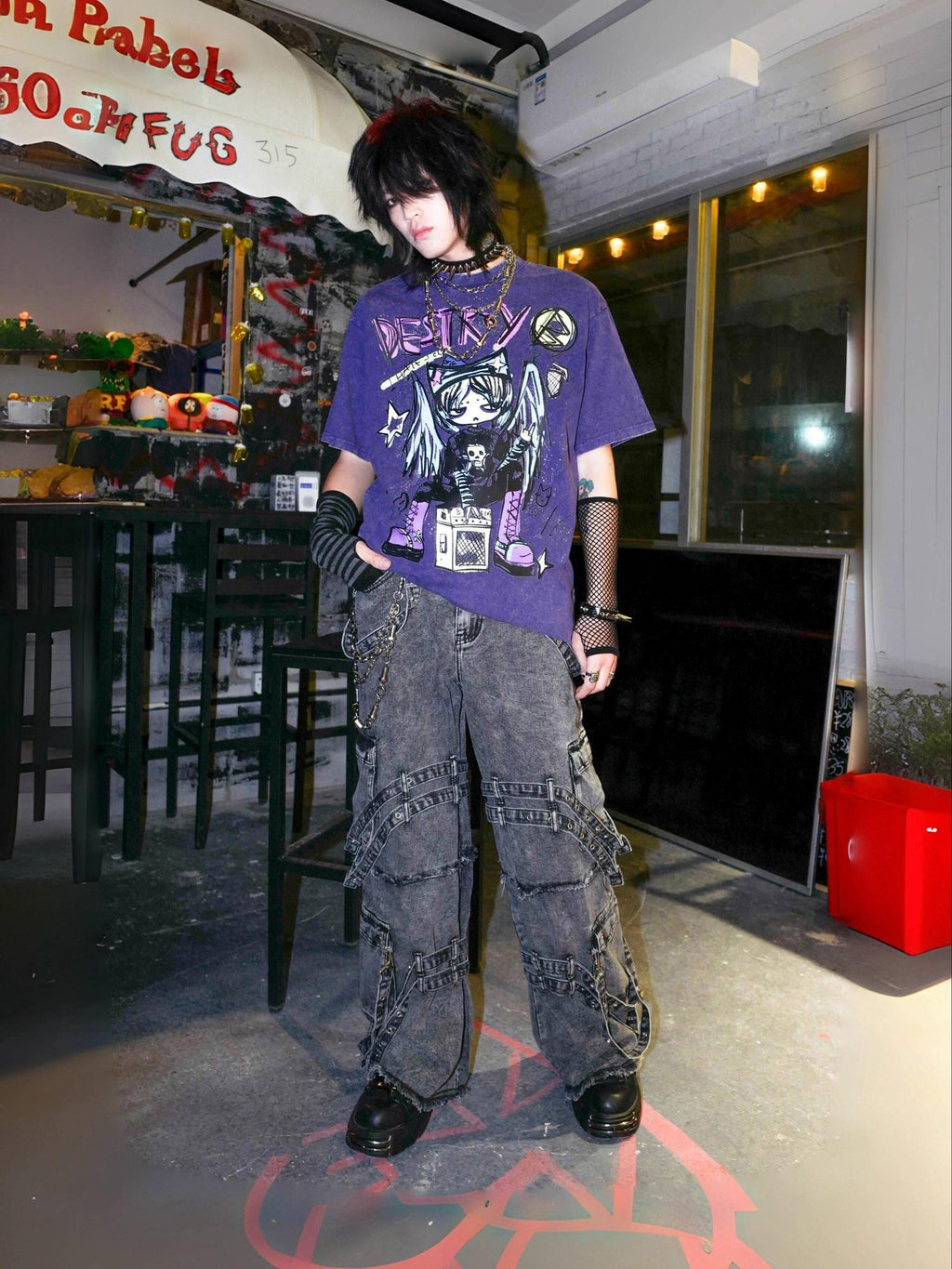 RebelSeed Rebel Angel Punk Distressed Oversized Drop Shoulder Women's Short Sleeve T-shirts