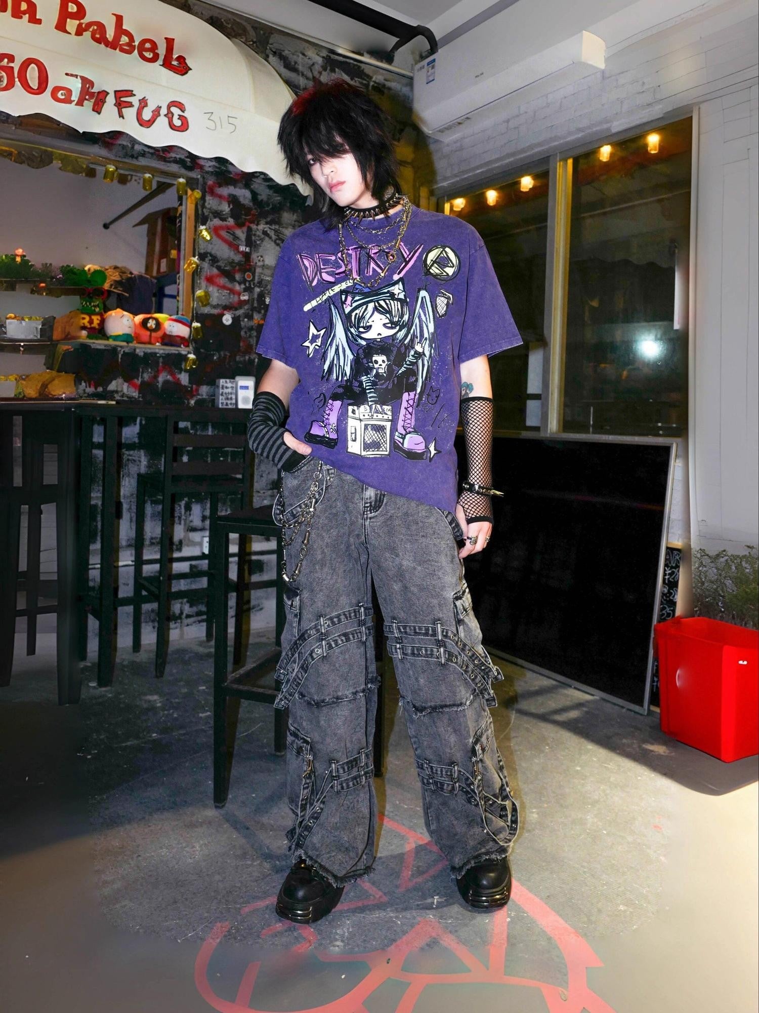 RebelSeed Rebel Angel Punk Distressed Oversized Drop Shoulder Women's Short Sleeve T-shirts