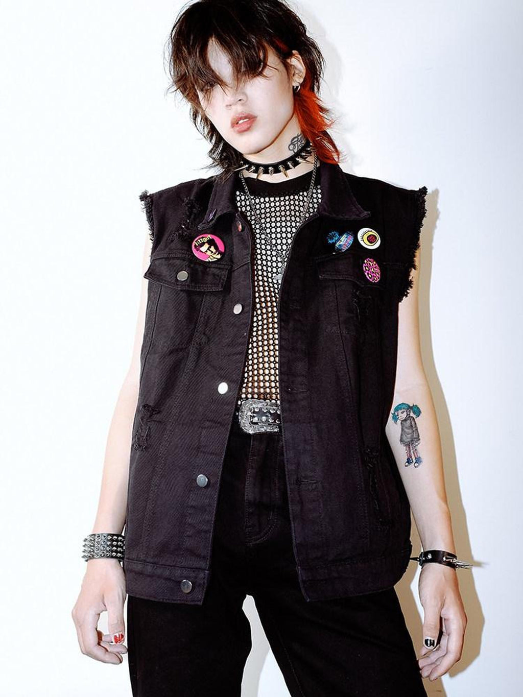 RebelSeed Ripped Biker Punk Metal Spray Paint Patchwork Women's Cotton Vests