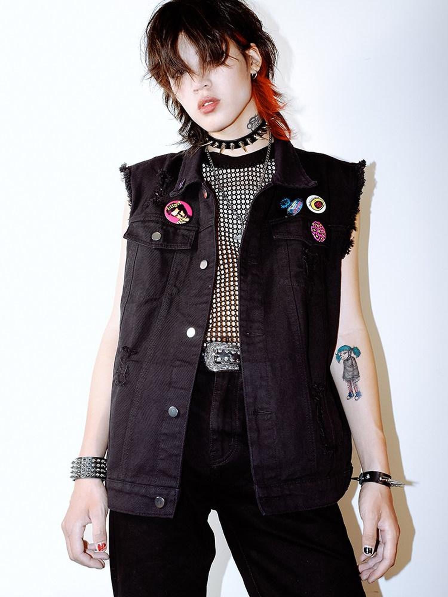 RebelSeed Ripped Biker Punk Metal Spray Paint Patchwork Women's Cotton Vests