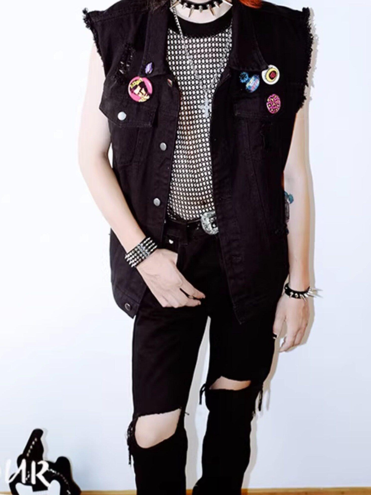 RebelSeed Ripped Biker Punk Metal Spray Paint Patchwork Women's Cotton Vests