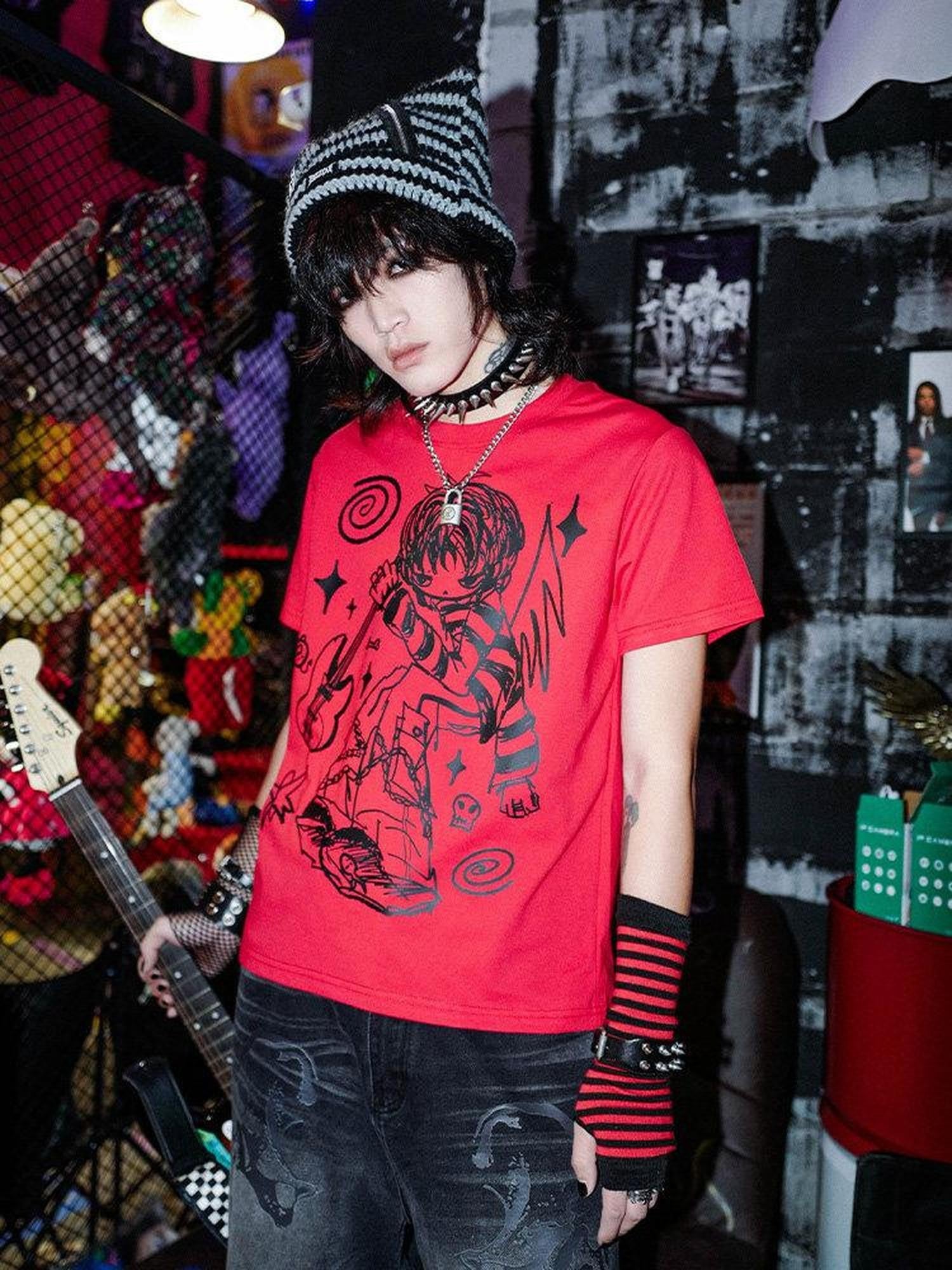 RebelSeed Rock Angel Punk Animal Print Heat Transfer Women's Cotton Short Sleeve T-shirts