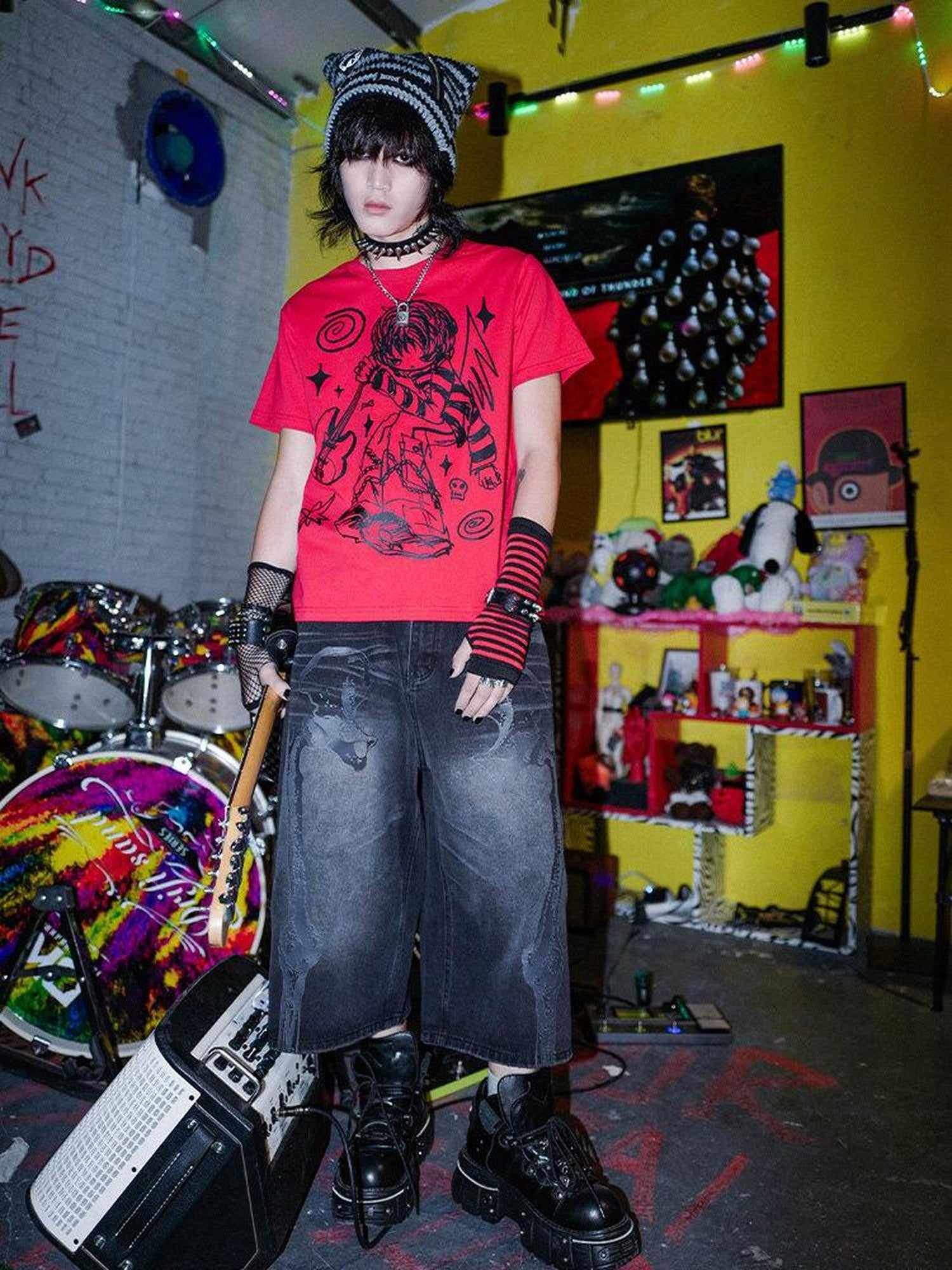 RebelSeed Rock Angel Punk Animal Print Heat Transfer Women's Cotton Short Sleeve T-shirts