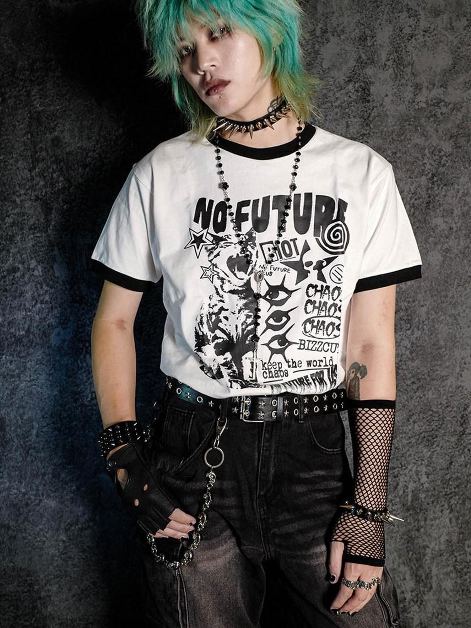 RebelSeed Rock Cat Contrast Color Print Heat Transfer Women's Cotton Short Sleeve T-shirts