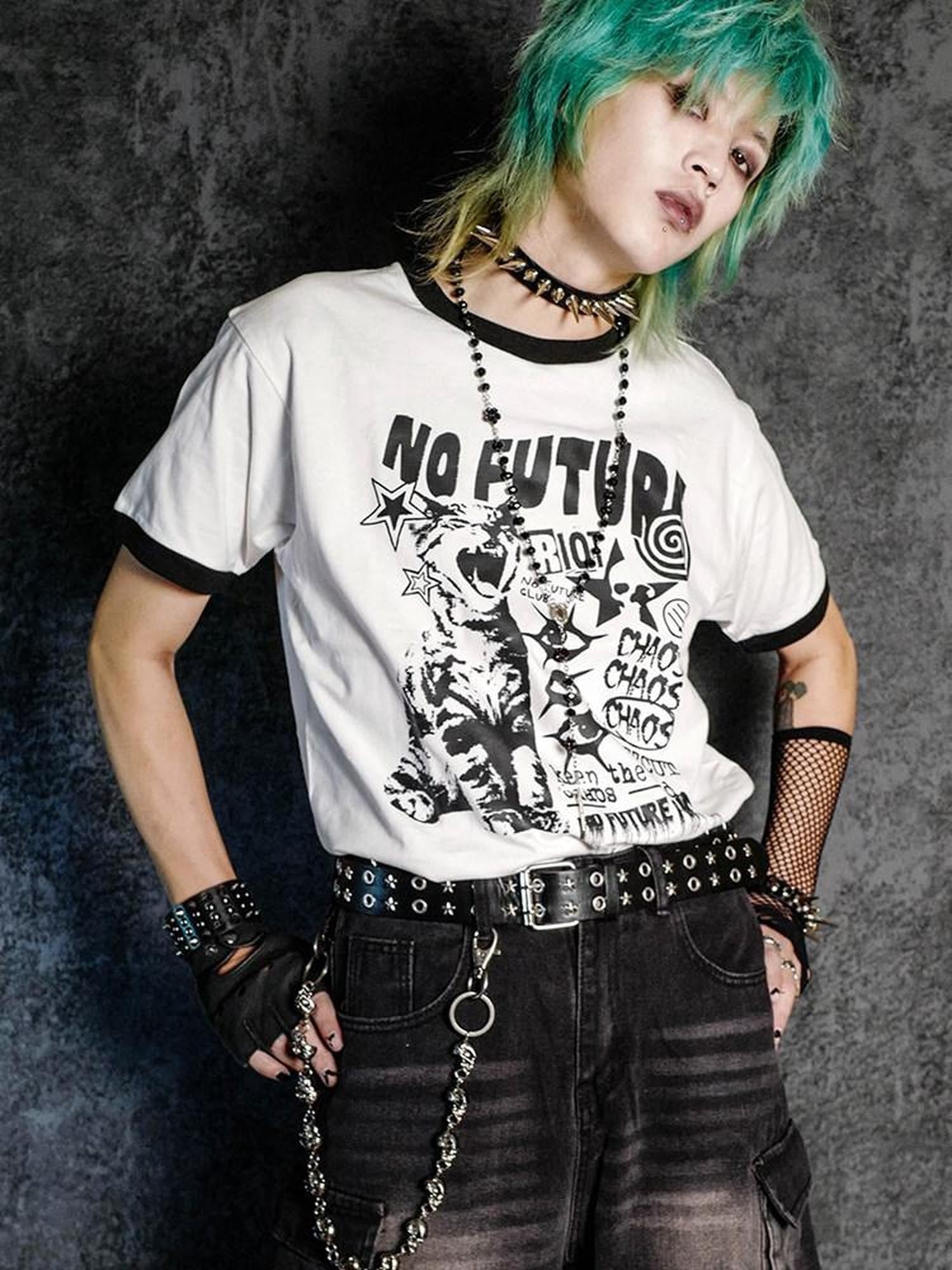 RebelSeed Rock Cat Contrast Color Print Heat Transfer Women's Cotton Short Sleeve T-shirts