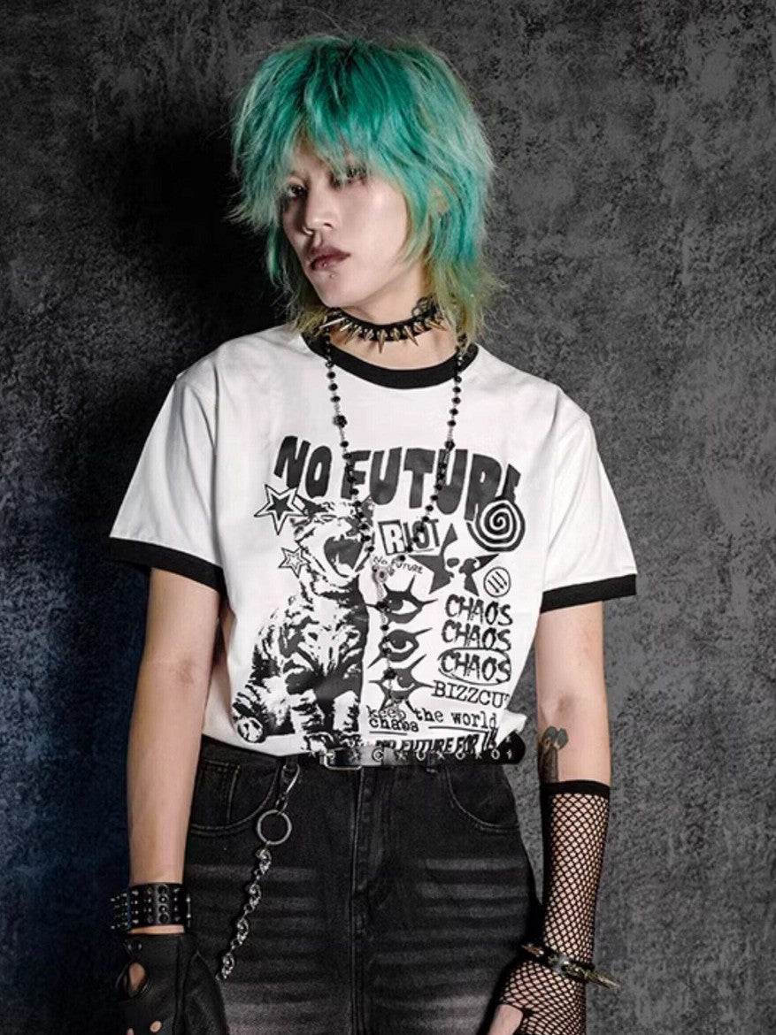 RebelSeed Rock Cat Contrast Color Print Heat Transfer Women's Cotton Short Sleeve T-shirts