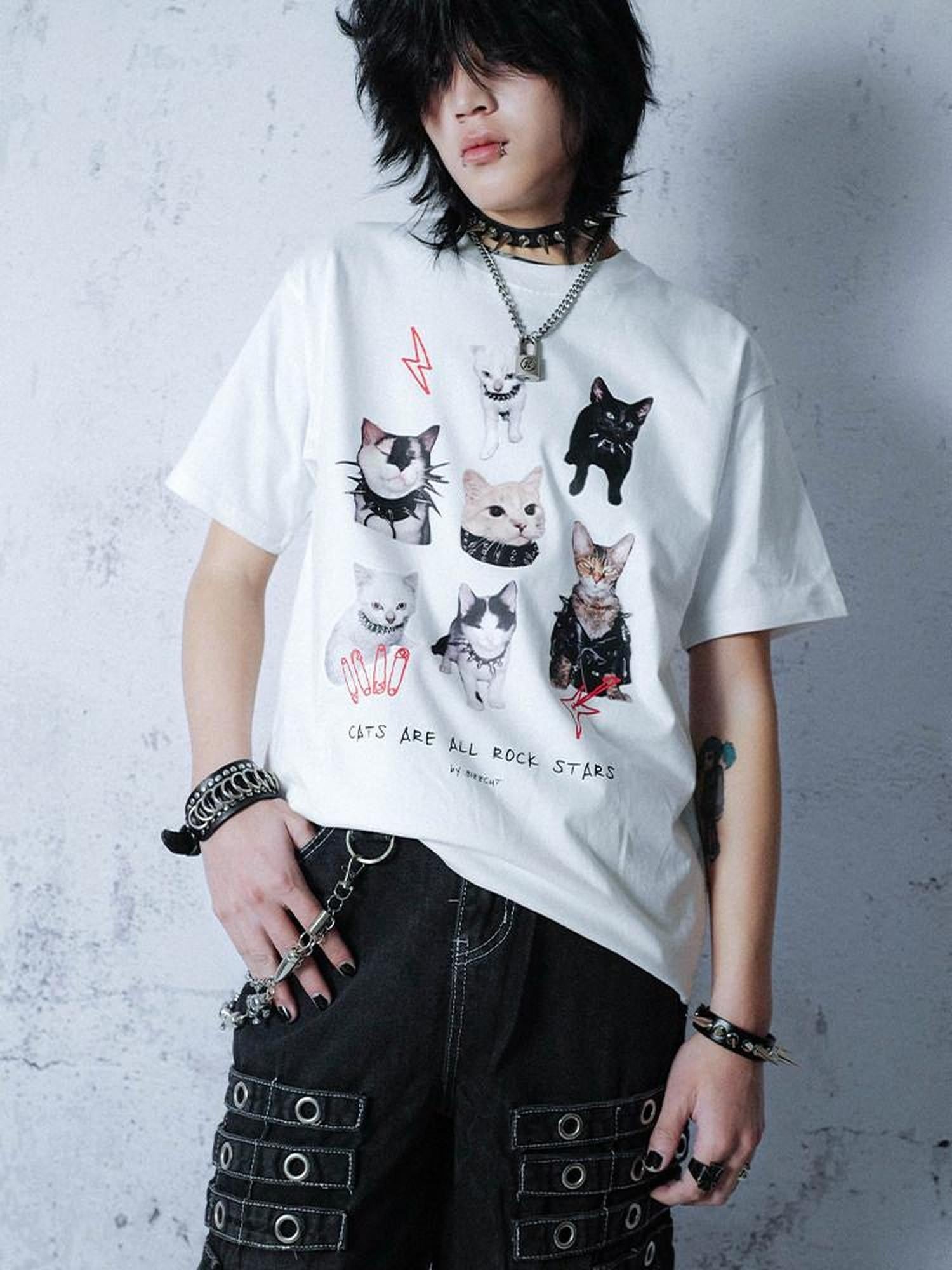 RebelSeed Rock Cat Heat Transfer Print Women's 100 Percent Cotton Short Sleeve T-shirts