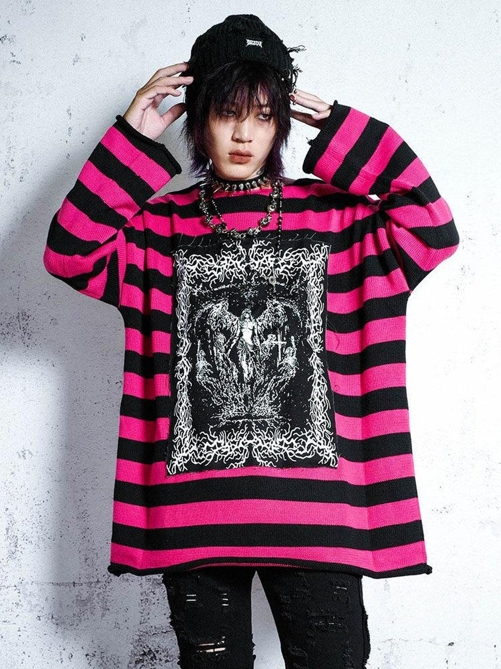 RebelSeed Rose Red Striped Applique Distressed Oversized Women's Synthetic Fiber Sweaters