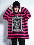 RebelSeed Rose Red Striped Applique Distressed Oversized Women's Synthetic Fiber Sweaters