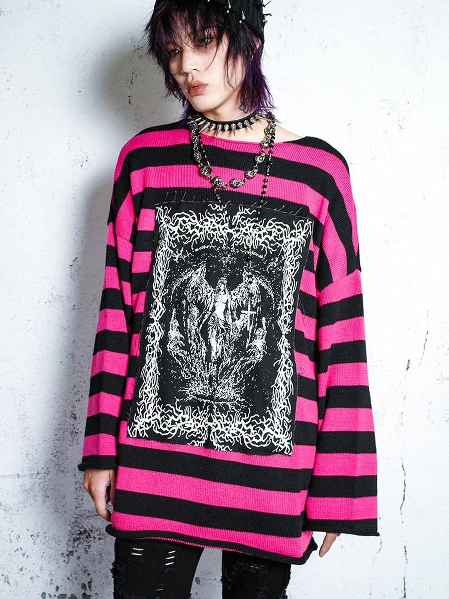 RebelSeed Rose Red Striped Applique Distressed Oversized Women's Synthetic Fiber Sweaters