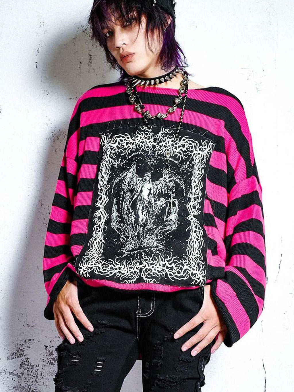 RebelSeed Rose Red Striped Applique Distressed Oversized Women's Synthetic Fiber Sweaters