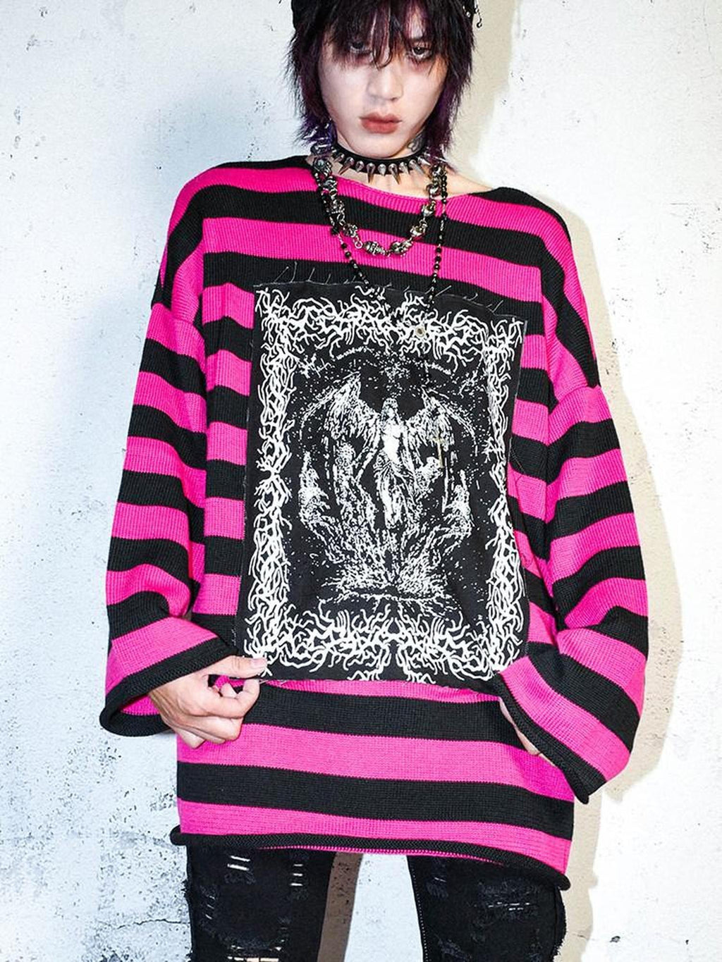 RebelSeed Rose Red Striped Applique Distressed Oversized Women's Synthetic Fiber Sweaters
