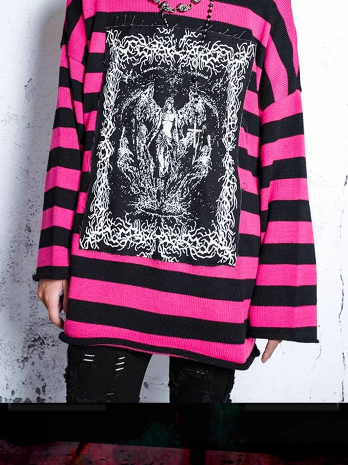 RebelSeed Rose Red Striped Applique Distressed Oversized Women's Synthetic Fiber Sweaters