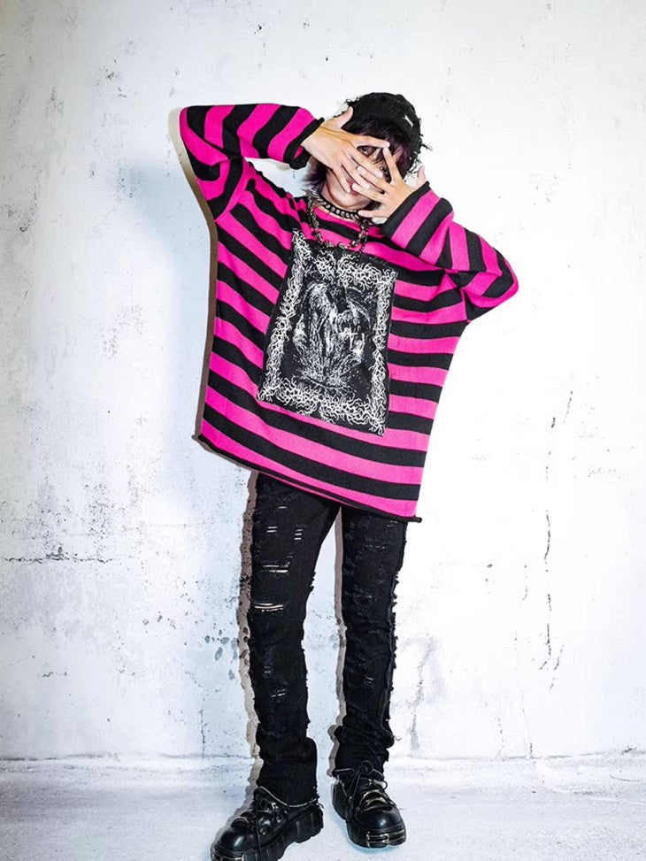 RebelSeed Rose Red Striped Applique Distressed Oversized Women's Synthetic Fiber Sweaters