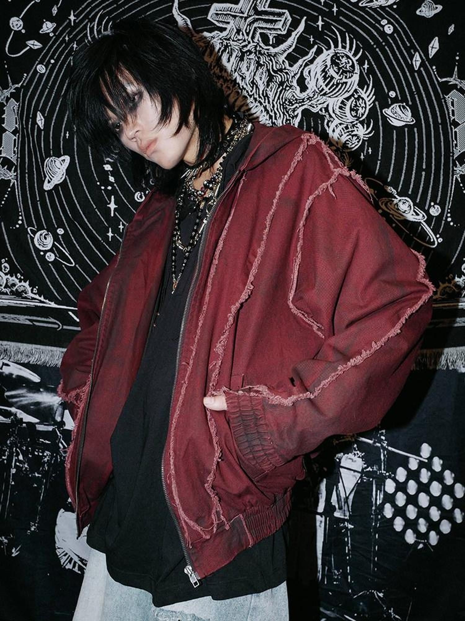 RebelSeed Rust Red Washed Distressed Templar Subculture Women's Cotton Varsity Jackets