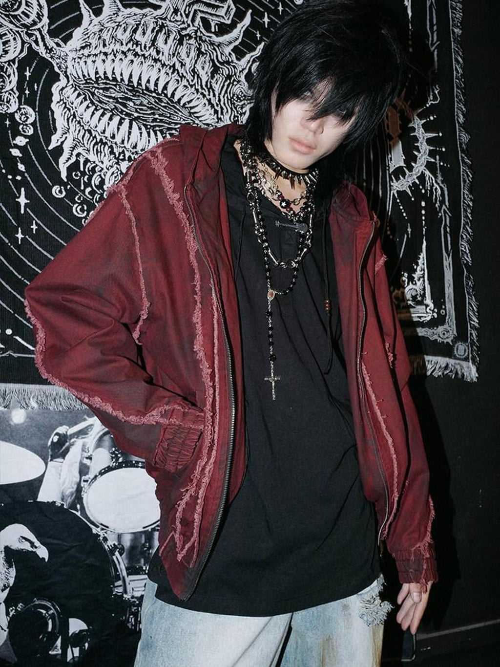 RebelSeed Rust Red Washed Distressed Templar Subculture Women's Cotton Varsity Jackets