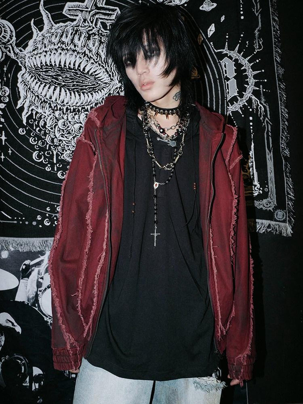 RebelSeed Rust Red Washed Distressed Templar Subculture Women's Cotton Varsity Jackets
