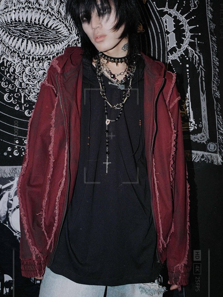 RebelSeed Rust Red Washed Distressed Templar Subculture Women's Cotton Varsity Jackets