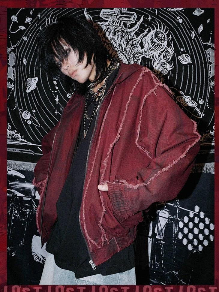 RebelSeed Rust Red Washed Distressed Templar Subculture Women's Cotton Varsity Jackets