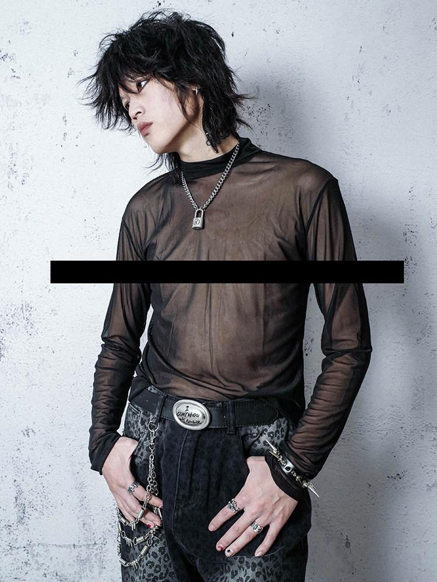 RebelSeed Sheer Mesh Punk Mock Neck Women's Polyester Long Sleeve T-shirts