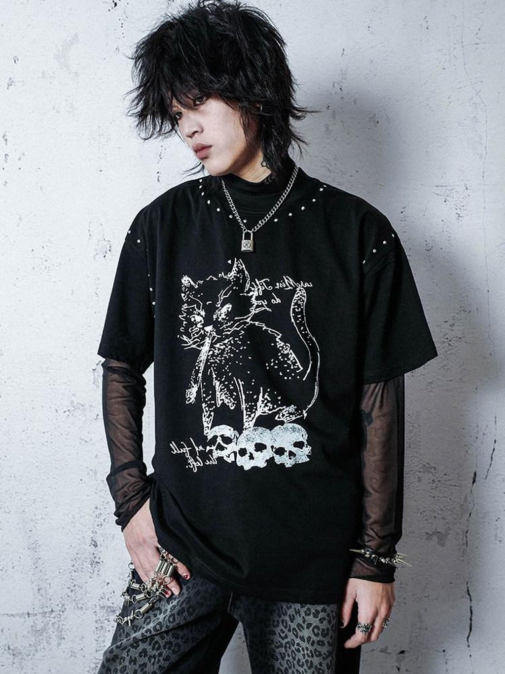RebelSeed Sheer Mesh Punk Mock Neck Women's Polyester Long Sleeve T-shirts