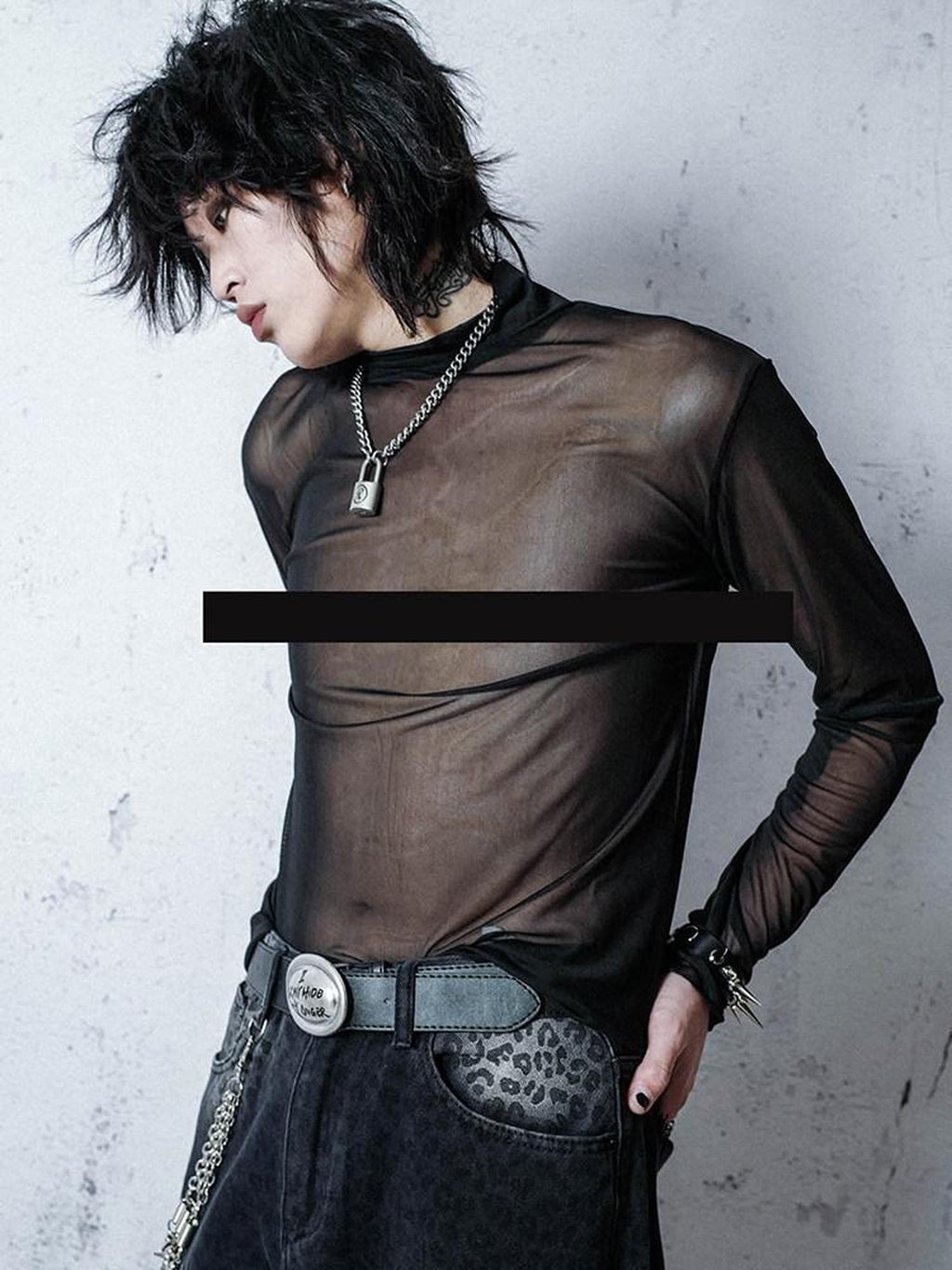 RebelSeed Sheer Mesh Punk Mock Neck Women's Polyester Long Sleeve T-shirts